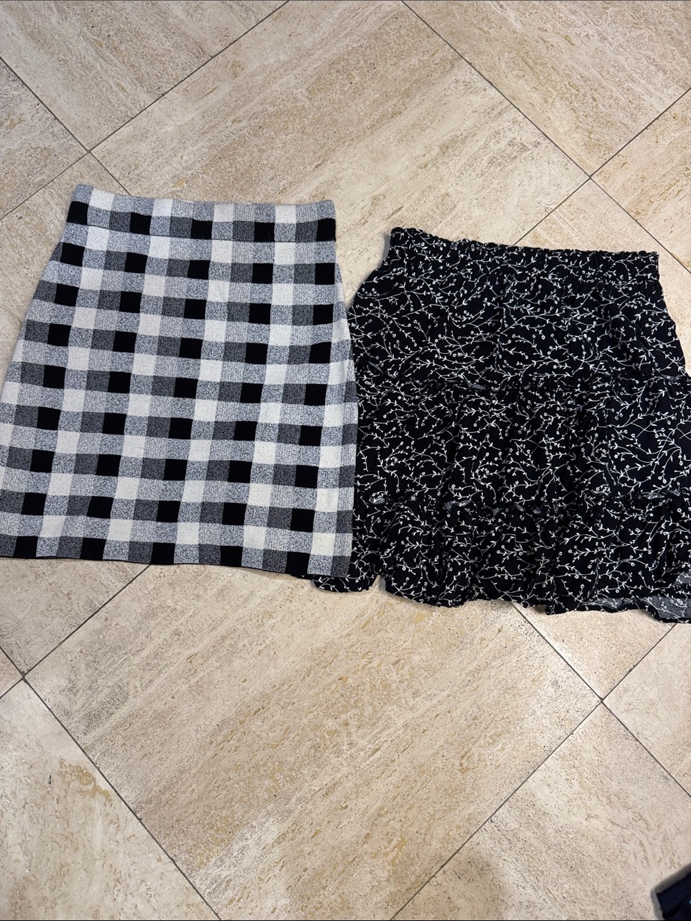 Theory Black & White Check Mini Skirt and Black Floral Print Mini